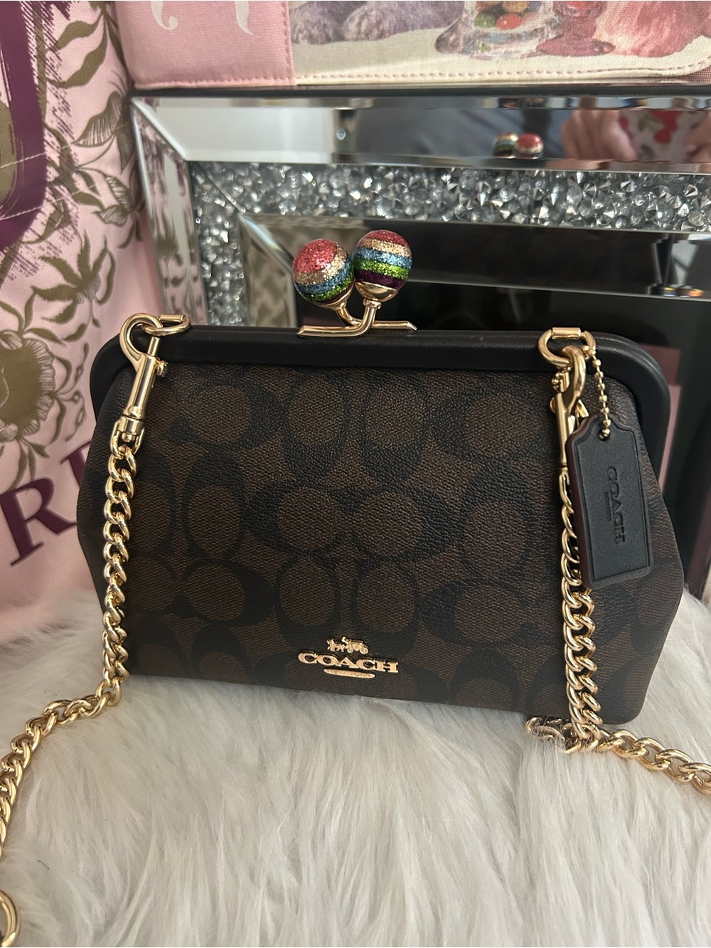 Coach Nora Brown Black Signature Rainbow Glitter Kisslock Crossbody Bag NWOT